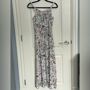 Ecru Floral Maxi Dress Adjustable Straps Elastic Waist Side Slit Size S